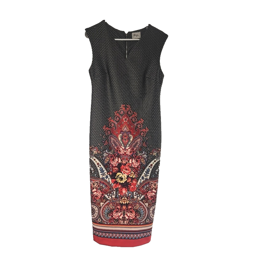ECI Womens Dress Boho Black Paisley Floral Print Sleeveless V Neck Midi Sheath 4